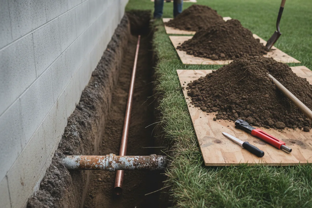 Excavated water line trench during Sewer Line Repair in Annapolis